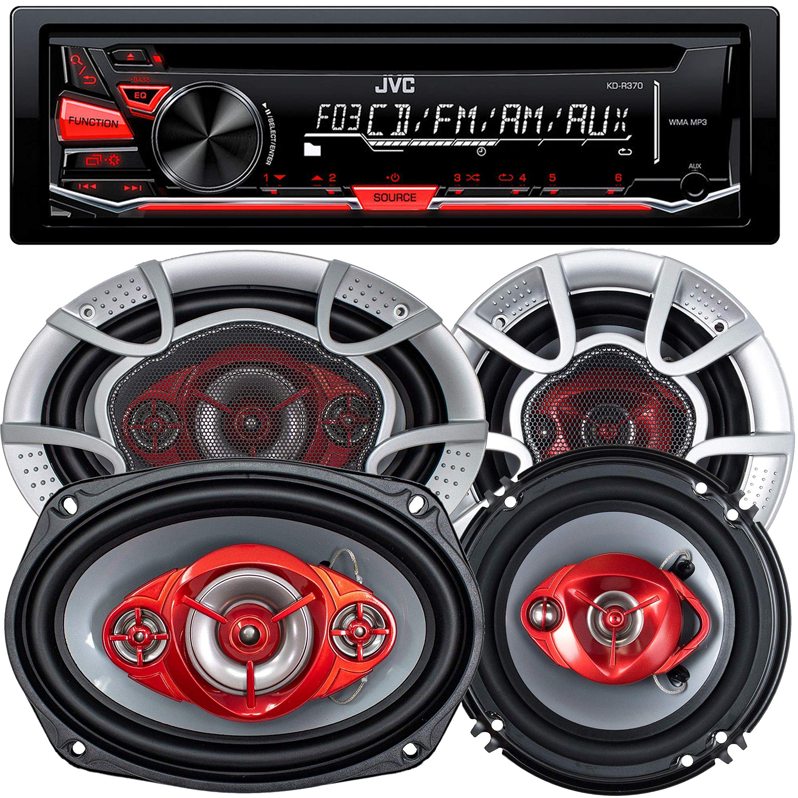 JVC KD-R370 Single Din in-Dash CD/Am/FM/Car Stereo W/Detachable Faceplate + 520 Watts 6x9 Inches (2 Speakers) + 350 Watts 6 Inches (2 Speakers) JVC KD-R370 Single Din in-Dash CD/Am/FM/Car Stereo W/Detachable Faceplate + 520 Watts 6x9 Inches (2 Speakers) + 350 Watts 6 Inches (2 Speakers)